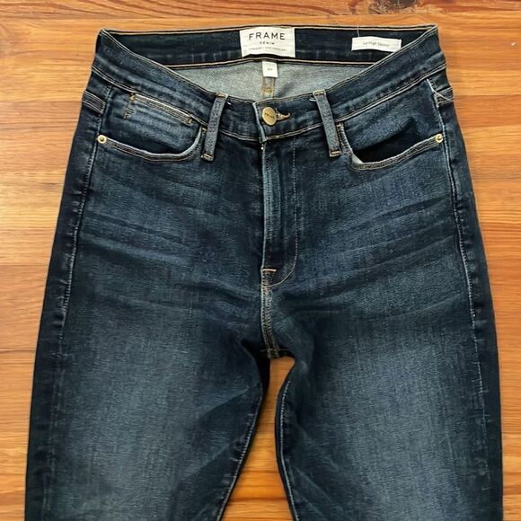 Frame Le High Skinny Denim Blue Jeans Womens 27 Distressed Dark Wash Raw Hem - Picture 12 of 14